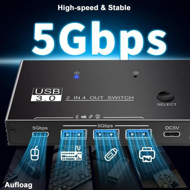 Alt view image 4 of 7 - USB Switcher 2 Computers Sharing - 5Gbps USB 3.0 Switch Share 4 Port Devices, Plug and Play, Aluminum USB3.0 Switch Selector 2 PCs Share Keyboard Mouse Printer Scanner with One Button