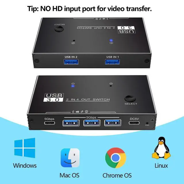 Alt view image 6 of 7 - USB Switcher 2 Computers Sharing - 5Gbps USB 3.0 Switch Share 4 Port Devices, Plug and Play, Aluminum USB3.0 Switch Selector 2 PCs Share Keyboard Mouse Printer Scanner with One Button