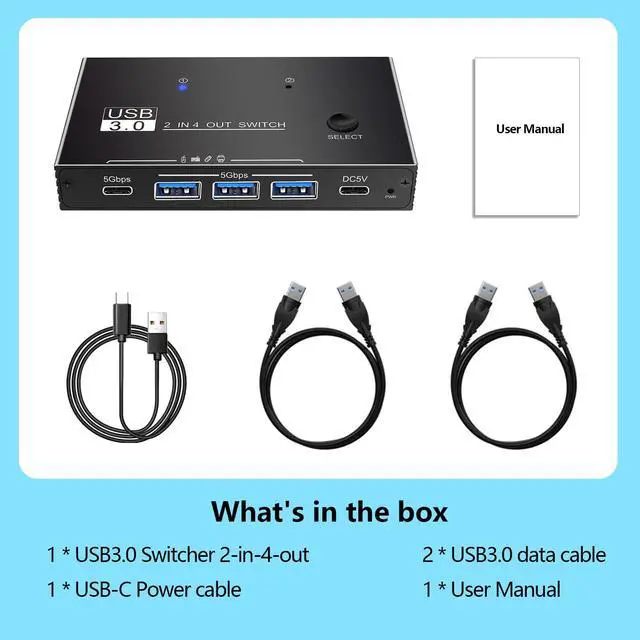 Alt view image 7 of 7 - USB Switcher 2 Computers Sharing - 5Gbps USB 3.0 Switch Share 4 Port Devices, Plug and Play, Aluminum USB3.0 Switch Selector 2 PCs Share Keyboard Mouse Printer Scanner with One Button