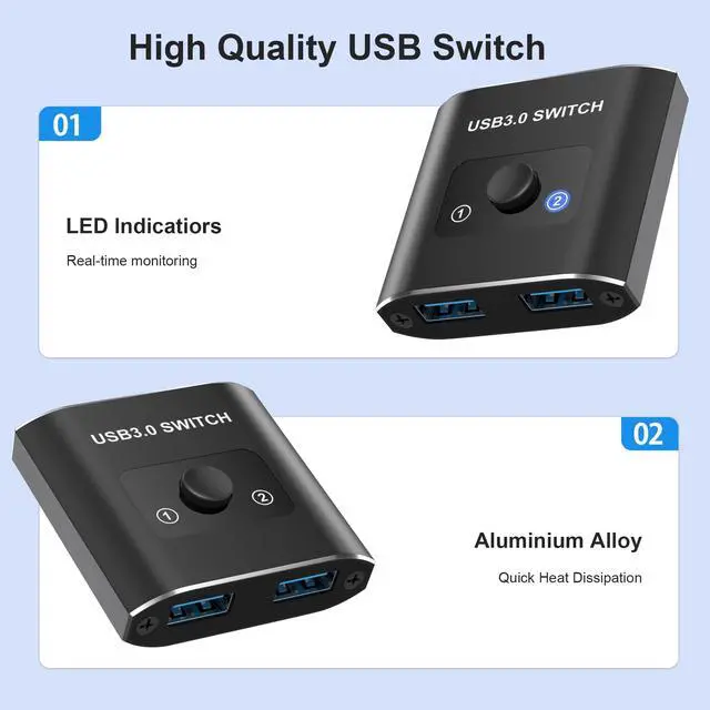 Alt view image 7 of 7 - USB 3.0 Switch, Bi-Directional USB Switcher 2 in 1 Out/1 in 2 Out, Aluminum USB Switch 2 Computers Share 1 Device for Printer, Mouse, Keyboard, with 2 USB 3.0 Cables