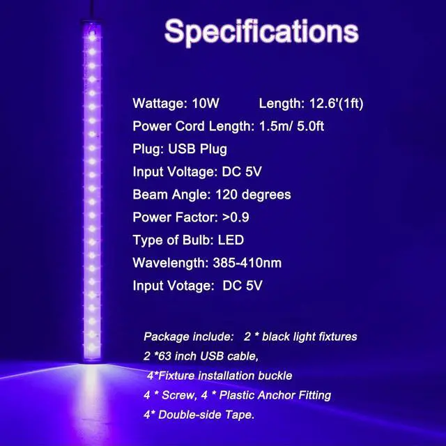 Alt view image 2 of 7 - Black Light Bar, 1ft USB-Powered, for Halloween Decoration, 2 Pack