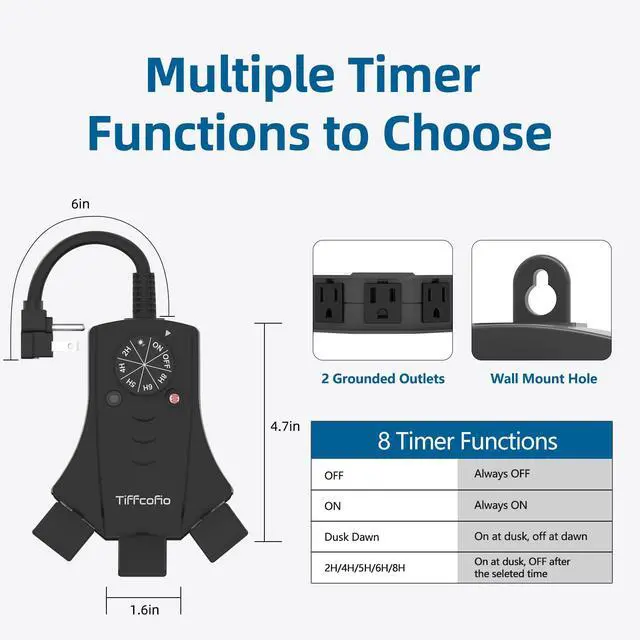 Alt view image 2 of 6 - Outdoor Timer Outlet, Dusk to Dawn Light Sensor Timer Weatherproof, 3 Grounded Outlets for Halloween and Christmas Lights, 15A 1/2HP, ETL Listed