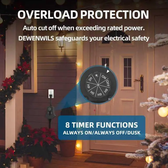Alt view image 5 of 6 - Outdoor Timer Outlet, Dusk to Dawn Light Sensor Timer Weatherproof, 3 Grounded Outlets for Halloween and Christmas Lights, 15A 1/2HP, ETL Listed