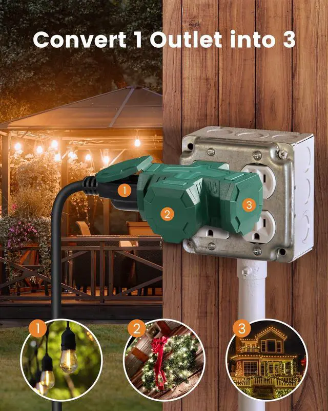Alt view image 3 of 7 - Outdoor 3 Way Plug Adapter Waterproof Power Splitter, 3 Pack