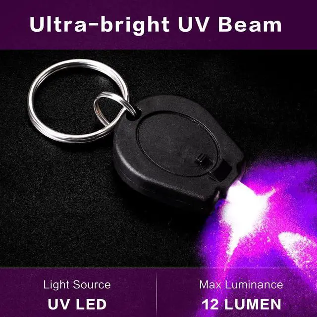 Alt view image 2 of 6 - 12 Pack Mini UV LED Keychain Flashlight, 395nm Ultra Violet Flashlight, UV Keychain Flashlight, Keychain Light Black Light for Detections