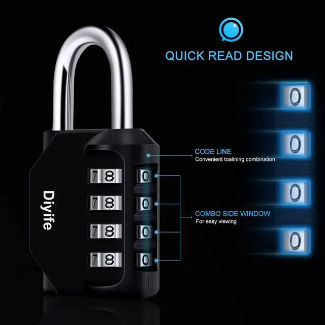 Alt view image 2 of 7 - 4 Resettable Combination Padlock, Diyife Weatherproof Locker Lock