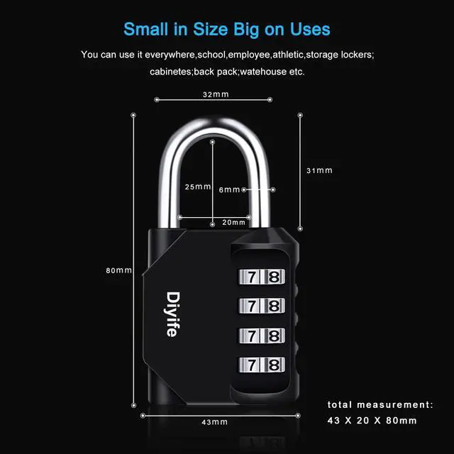 Alt view image 3 of 7 - 4 Resettable Combination Padlock, Diyife Weatherproof Locker Lock