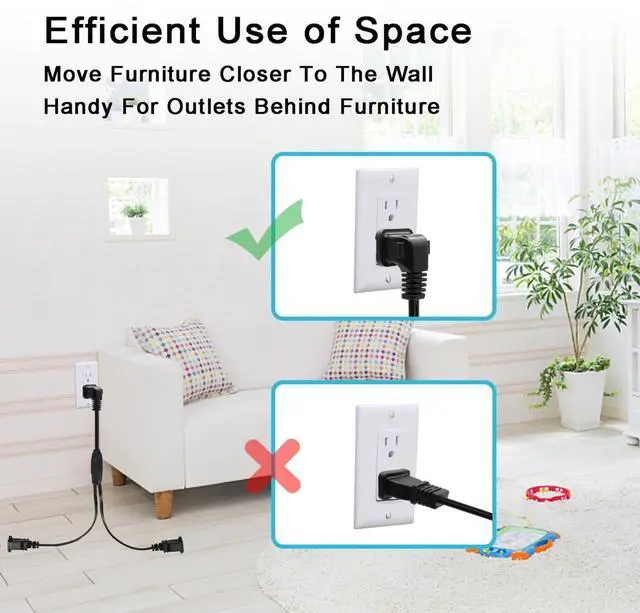 Alt view image 2 of 4 - 3FT Extension Cord Splitter- 2 Way Outlet Splitter Extension Cords 2 Prong with Right Angle Plug,Thin Design for Indoor/Outdoor Use, Christmas Lights & Home Appliances,Black