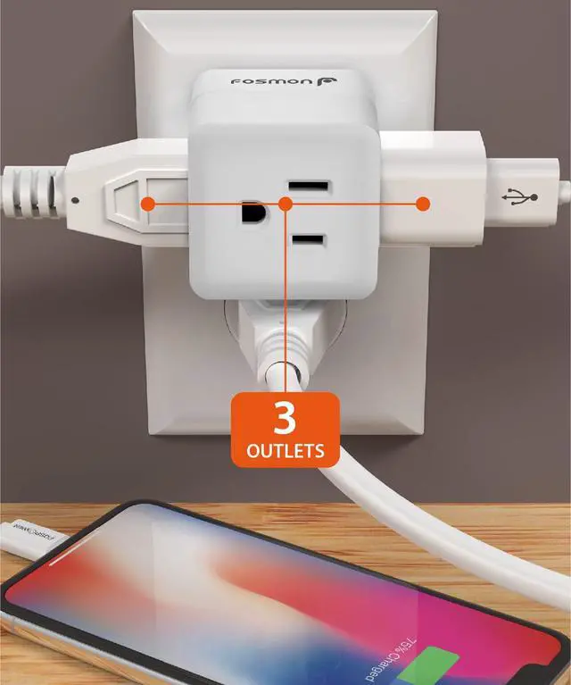 Alt view image 2 of 6 - 3-Outlet Extender, Fosmon 90 Degree Plug Outlet Adapter, Right Angle Power Plug Adapter 3 Prong, 3 Way Power Splitter Cube Tap, Cruise Essentials, for Home, Dorm, or Travel, Grounded, ETL Listed-3PACK