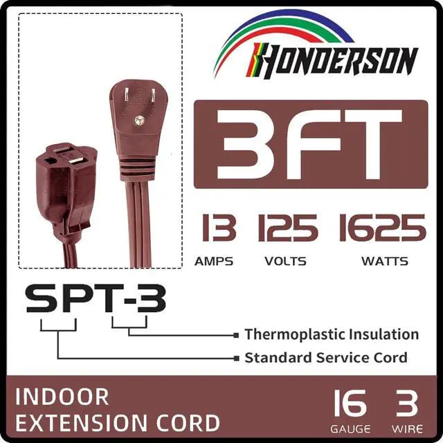 Alt view image 2 of 6 - 3 Ft Brown Flat Plug Extension Cord 16 Gauge 3 Prong Grounded Power Cord
