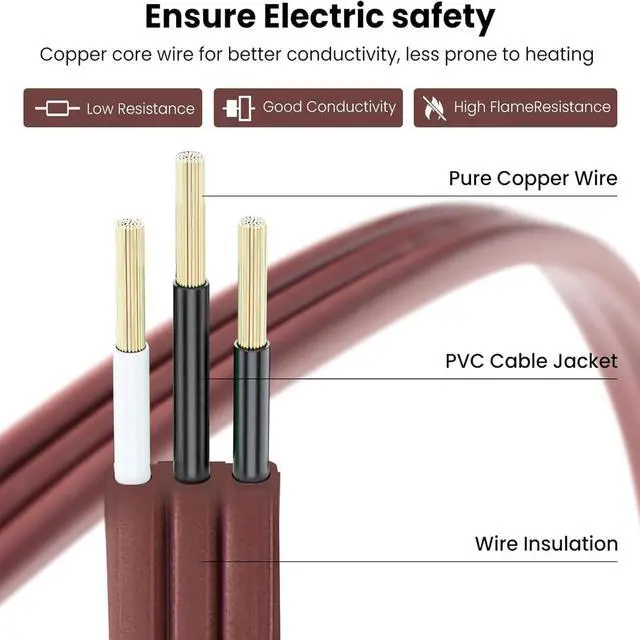 Alt view image 3 of 6 - 3 Ft Brown Flat Plug Extension Cord 16 Gauge 3 Prong Grounded Power Cord