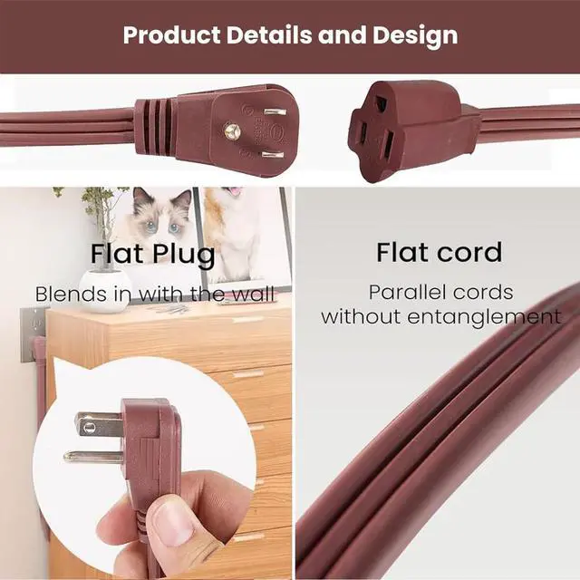 Alt view image 4 of 6 - 3 Ft Brown Flat Plug Extension Cord 16 Gauge 3 Prong Grounded Power Cord