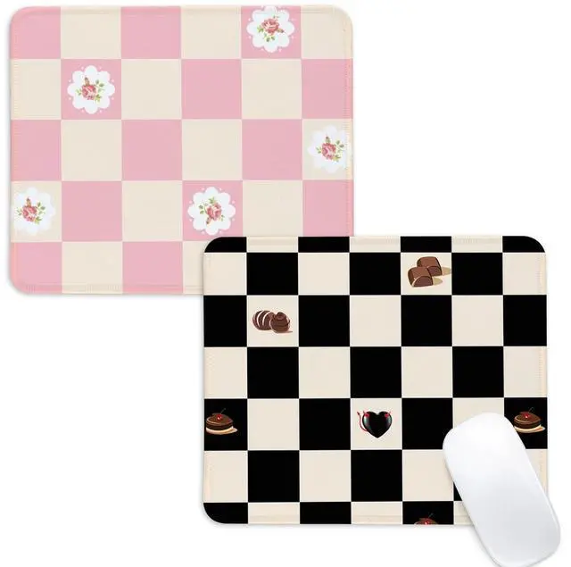 Main image of 2pcs Pink and Black Checkered Square Mouse Pad with Non-Slip Rubber Base,Home Office Decoration Desktop Accessory, Laptop Mouse Pad for Office Laptops,9.4x7.8x0.12in