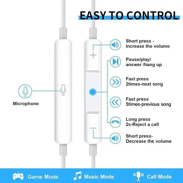 Alt view image 3 of 6 - 2Pack Wired Earbuds, with Microphone and Volume Control,3.5mm in-Ear Earphones/Headphones/Headset with Noise cancelling and Deep bass Compatible with iPhone/iPad/ tablet/Android/Laptops/PC (White)