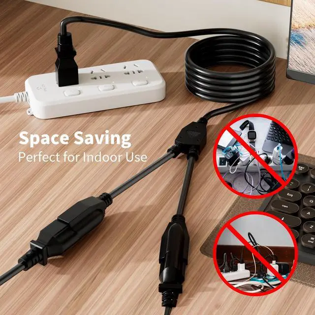 Alt view image 5 of 7 - 2 Way Power Cord Splitter Cable 3 Ft-3 Prong 1 to 2 Extension Cord-Outlet Saver-Elecan Male to Female Y Splitter Power Extension Cable StripUL Certified SJTW 16 Gauge 13 A/125 VBlack