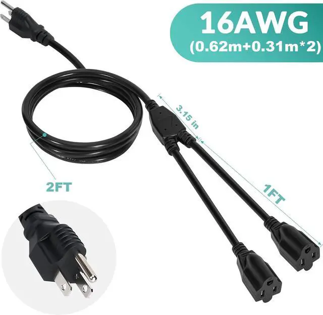 Alt view image 7 of 7 - 2 Way Power Cord Splitter Cable 3 Ft-3 Prong 1 to 2 Extension Cord-Outlet Saver-Elecan Male to Female Y Splitter Power Extension Cable StripUL Certified SJTW 16 Gauge 13 A/125 VBlack
