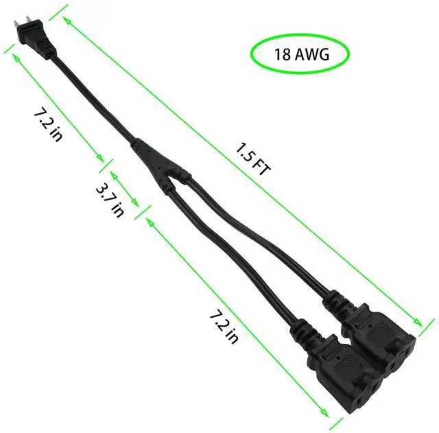 Alt view image 3 of 6 - 2 Prong 1 to 2 Extension Cord, 1.5FT 2 Way Indoor Power Cable Splitter