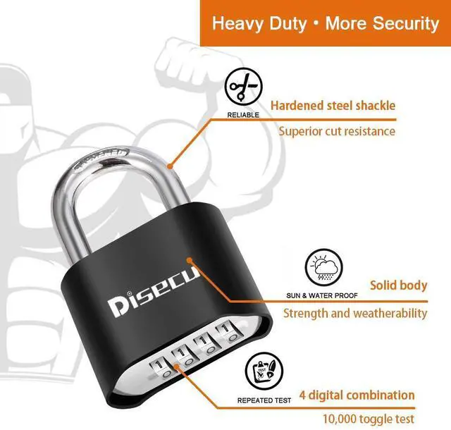 Alt view image 3 of 6 - 1 Pack disecu Heavy Duty 4 Digit Combination Lock, Outdoor Waterproof Padlock for School Gym Locker, Storage Unit, Fence, Gate, Toolbox (Black)
