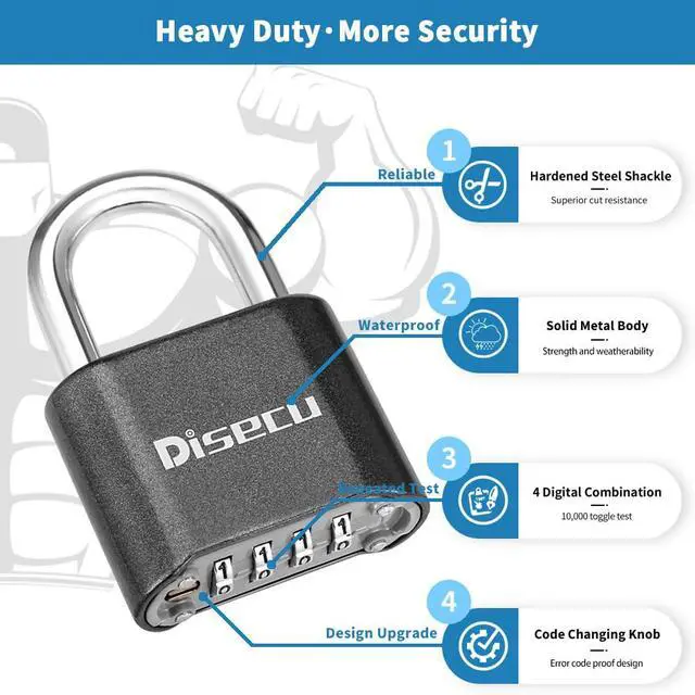 Alt view image 4 of 6 - 1 Pack disecu Heavy Duty 4 Digit Combination Lock, Anti-Error Feature, Outdoor Waterproof Padlock for School Gym Locker, Fence, Gate, Hasp Storage, Toolbox (Gun Black)