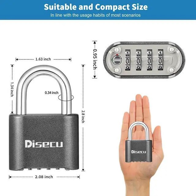 Alt view image 3 of 6 - 1 Pack disecu Heavy Duty 4 Digit Combination Lock, Anti-Error Feature, Outdoor Waterproof Padlock for School Gym Locker, Fence, Gate, Hasp Storage, Toolbox (Gun Black)