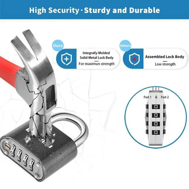 Alt view image 5 of 6 - 1 Pack disecu Heavy Duty 4 Digit Combination Lock, Anti-Error Feature, Outdoor Waterproof Padlock for School Gym Locker, Fence, Gate, Hasp Storage, Toolbox (Gun Black)