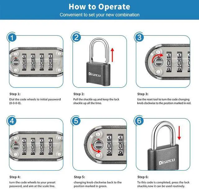 Alt view image 6 of 6 - 1 Pack disecu Heavy Duty 4 Digit Combination Lock, Anti-Error Feature, Outdoor Waterproof Padlock for School Gym Locker, Fence, Gate, Hasp Storage, Toolbox (Gun Black)