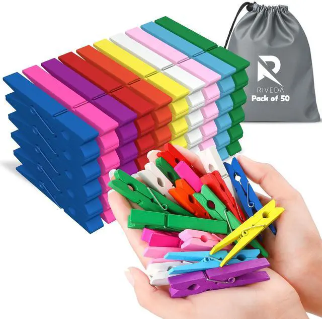 Main image of 50pcs Colored Wooden Clothes Pins, 2.9inch 10 Colors, Clothespins for Classroom, Clip Hanging Photos, DIY Clips for Crafts, Decorations