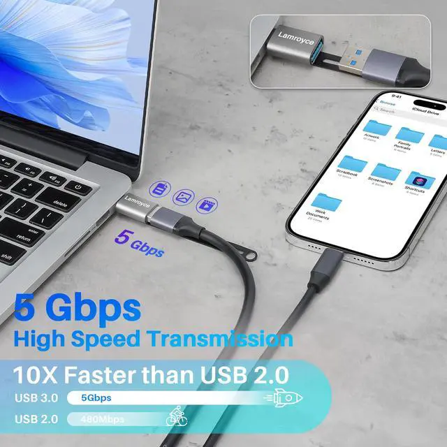 Alt view image 3 of 5 - USB C 3.1 to USB 3.0 Adapter 2 Pack, Portable USB Female to USB C Male OTG Extender Converter, with Lanyard Keychain, Support fast charging and 5Gbps data transfer for iPhone17/16/15 Series,Galaxy S25