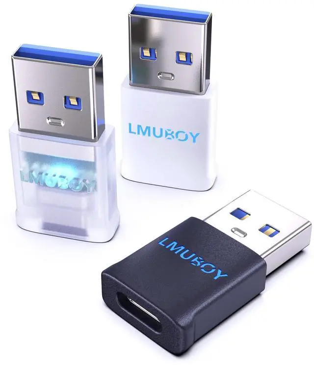 Main image of USB-A to USB-C Adapter with LED Light, USB 3.0 Fast Charging & Data Transfer, Compact Design for Car, Hotel, Airplane Black, White, Translucent (3-Pack)