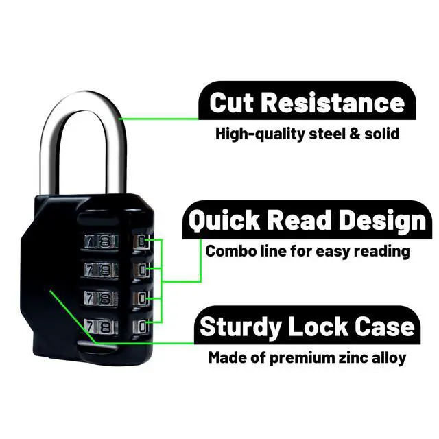Alt view image 3 of 7 - Combination Lock 4 Digit, Resettable Locker Lock,Waterproof Metal Combination Padlock for School Gym Locker, Sports Locker, Fence, Toolbox, Gate and Storage- Easy to Use and Set (Black)