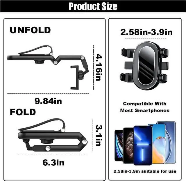 Alt view image 2 of 6 - Car Sun Visor Phone Holder, 360° Rotatable and Retractable Visor Phone Mount, Multifunctional Adjustable Car Rearview Mirror Cell Phone Holder Compatible with Most Cell Phones (Black)