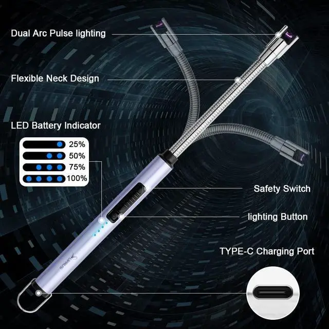 Alt view image 2 of 7 - Electric Candle Lighter USB Type C Rechargeable Lighter Steel Shell & Hanging Hook with 360° Flexible Neck(Blue)