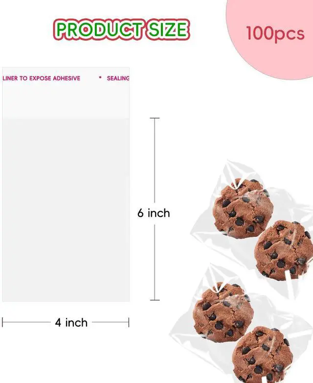 Alt view image 2 of 7 - 100Pcs Clear Self Sealing Cellophane Bags, 4x6 Inches Self-Adhesive Cookies Bag Plastic Candy Resealable Treat Bags for Bakery Cookies Gift Packing Party Favor