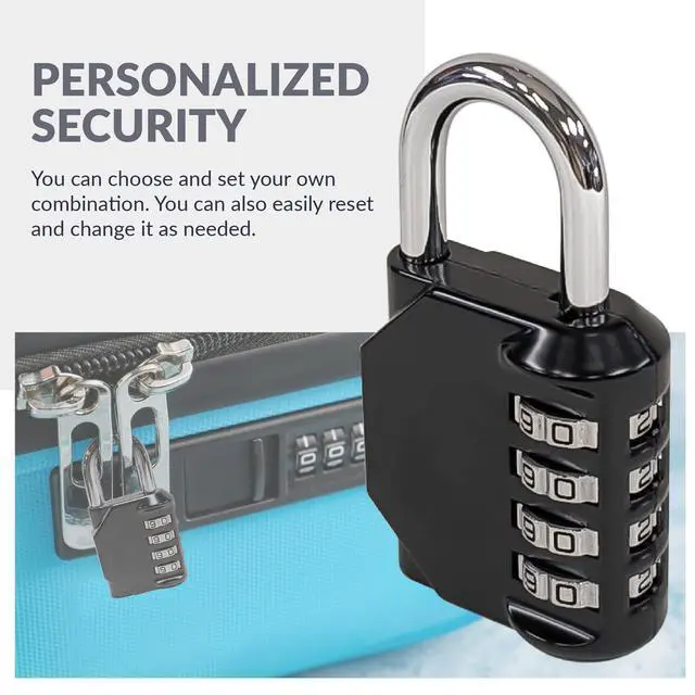 Alt view image 6 of 7 - Improved 4-Digit Combination Lock | Outdoor Waterproof Padlock for School, Gym Locker, Sports Locker, Fence, Toolbox, Gate, and Travel | Customizable 4-Digit Lock Combo | Black