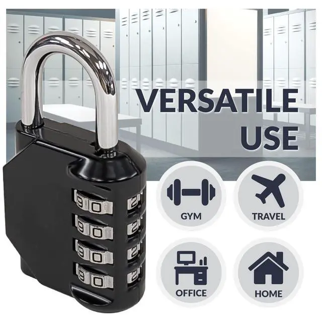 Alt view image 4 of 7 - Improved 4-Digit Combination Lock | Outdoor Waterproof Padlock for School, Gym Locker, Sports Locker, Fence, Toolbox, Gate, and Travel | Customizable 4-Digit Lock Combo | Black