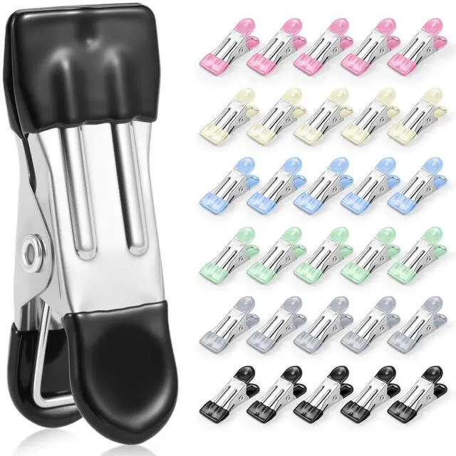 Main image of Clothes Pins, Senbowe 30 Pack Chip Clips, 2.17 Inch Metal Chip Bag Clips, Food Clips for Kitchen Stainless Steel with Rubber, Clothespins for Photo Drying Clothesline