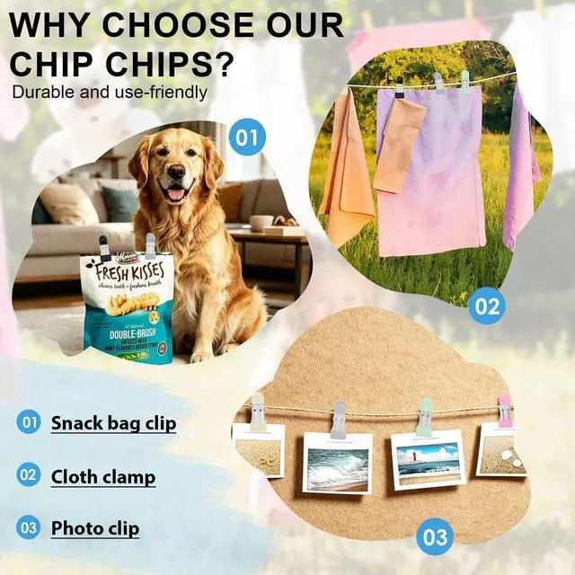 Alt view image 7 of 7 - Clothes Pins, Senbowe 30 Pack Chip Clips, 2.17 Inch Metal Chip Bag Clips, Food Clips for Kitchen Stainless Steel with Rubber, Clothespins for Photo Drying Clothesline