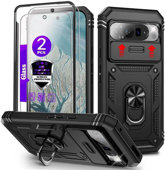 Main image of for Pixel 9 Pro XL Case with Camera Cover Slider, 2*Tempered Glass Screen Protectors,Build in 360°Rotating Ring Kickstand, Military Grade Protective Case for Google Pixel 9 Pro XL 6.8"-Black