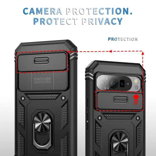 Alt view image 3 of 6 - for Pixel 9 Pro XL Case with Camera Cover Slider, 2*Tempered Glass Screen Protectors,Build in 360°Rotating Ring Kickstand, Military Grade Protective Case for Google Pixel 9 Pro XL 6.8"-Black