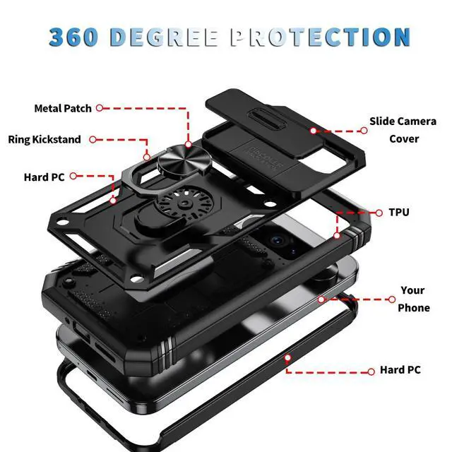Alt view image 5 of 6 - for Pixel 9 Pro XL Case with Camera Cover Slider, 2*Tempered Glass Screen Protectors,Build in 360°Rotating Ring Kickstand, Military Grade Protective Case for Google Pixel 9 Pro XL 6.8"-Black