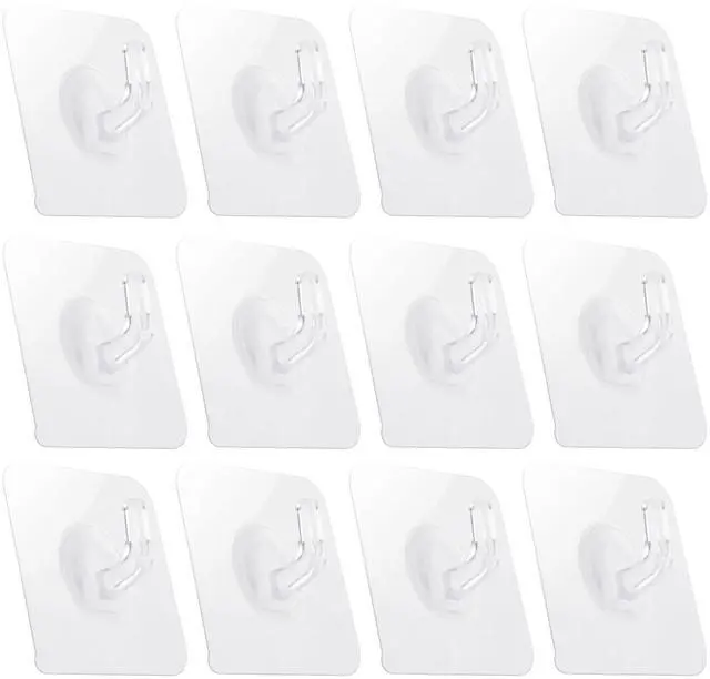 Main image of 12 Pack Adhesive Hooks Clear Plastic Waterproof Heavy Duty Sticky Wall Ceiling Door Window Pothook Home Kitchen Bathroom Shower Office for Hanging Hat Towel Picture Coats (12)