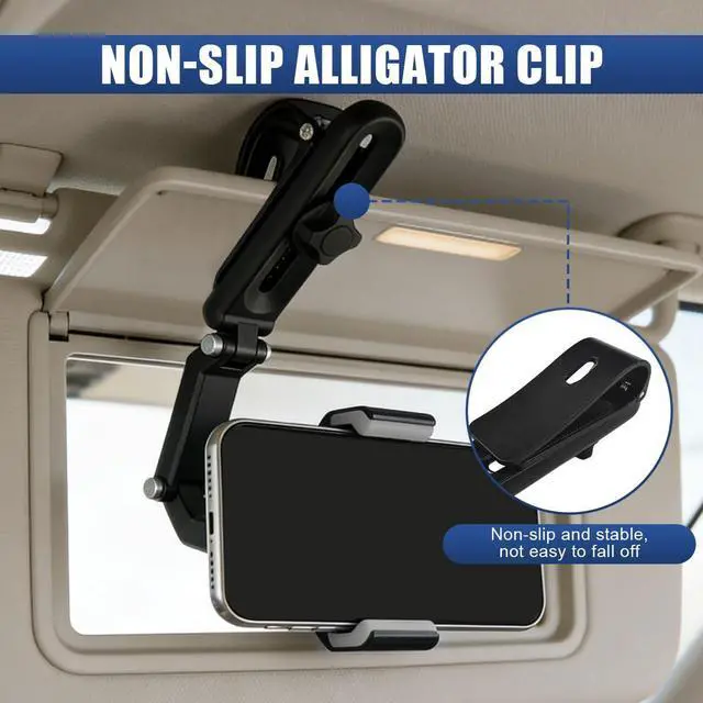 Alt view image 4 of 6 - 360° Rotatable Car Sun Visor Phone Holder, Foldable & Retractable Rear View Mirror Cell Phone Mount, Universal Mobile Phone Holder Auto Smartphone Cradle for Most iPhone Samsung (Black&Grey)