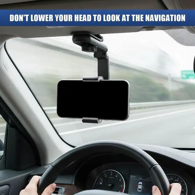 Alt view image 5 of 6 - 360° Rotatable Car Sun Visor Phone Holder, Foldable & Retractable Rear View Mirror Cell Phone Mount, Universal Mobile Phone Holder Auto Smartphone Cradle for Most iPhone Samsung (Black&Grey)
