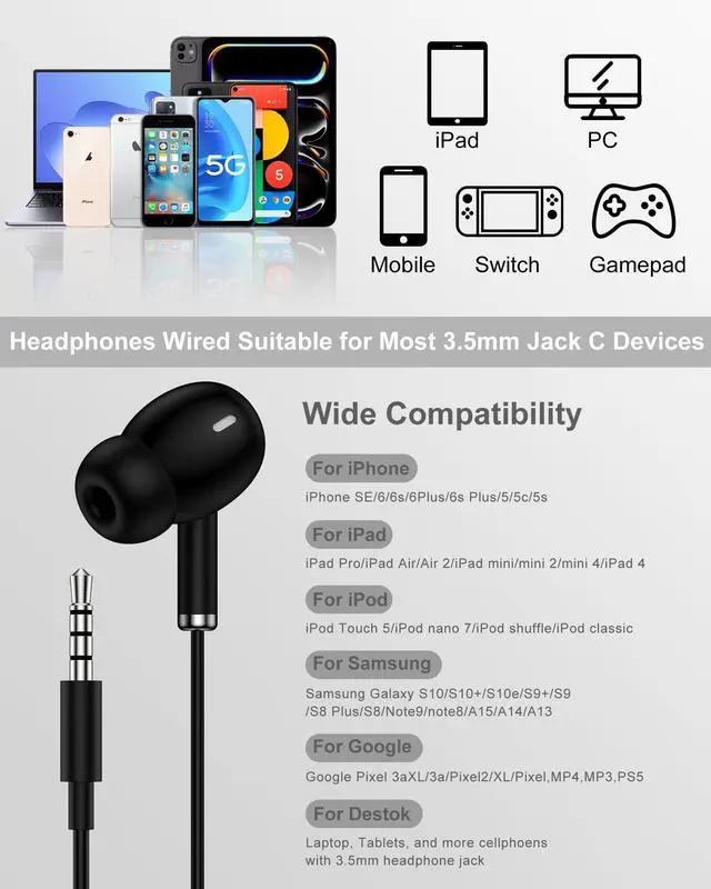 Alt view image 7 of 7 - Samsung Earbuds Wired, 3.5mm Headphones with Mic, in-Ear Ear Buds for Apple | in-Ear Earphones Earpods for Galaxy S10 S9 S8 A14 A15, 3.5mm Headphones for iPhone/iPad/iPod/Android/Laptop/MP3/MP4/Switch