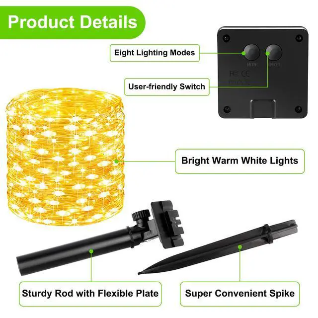 Alt view image 2 of 6 - Solar String Lights, 1-Pack 40FT 100LED Solar Fairy Lights with 8 Lighting Modes, Solar Lights Outdoor Waterproof for Patio Christmas Wedding Party Tree Yard Decoration (Warm White)
