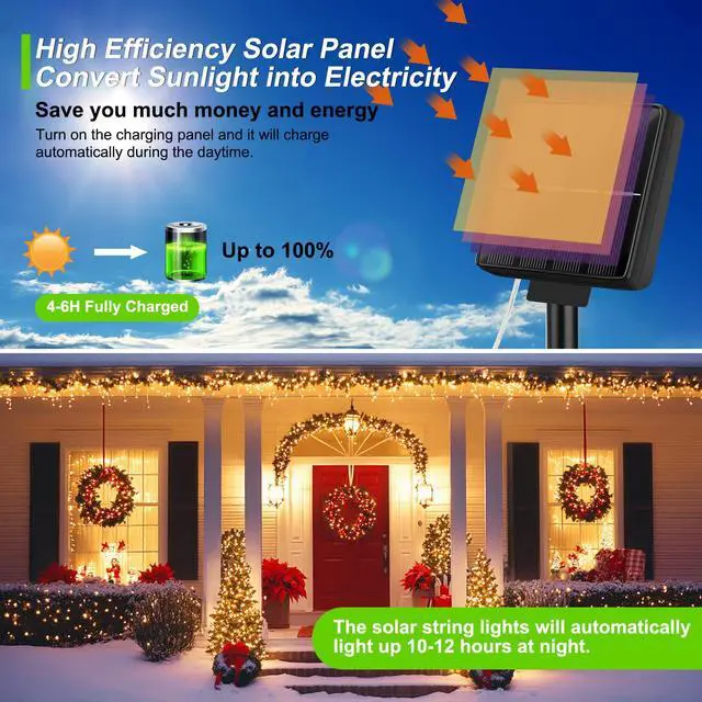 Alt view image 3 of 6 - Solar String Lights, 1-Pack 40FT 100LED Solar Fairy Lights with 8 Lighting Modes, Solar Lights Outdoor Waterproof for Patio Christmas Wedding Party Tree Yard Decoration (Warm White)