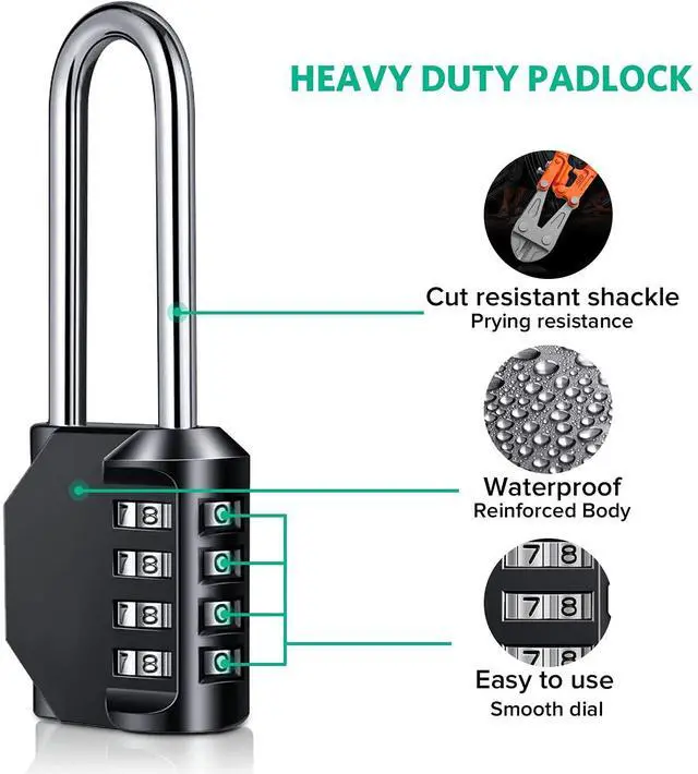 Alt view image 3 of 7 - 3.2 Inch Ultra Long Shackle Resettable Combination Padlock, 4 Digit Set Your Own Combination Combo Lock Outdoor for School Gym Employee Locker Lock, Hasp Storage, Fence Gate, Toolbox - 2 Pack