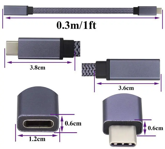 Alt view image 2 of 7 - Braided USB 3.1 Type c to Type C Connector Cable 60W&3A Short Type C 3.1 USB Male to Female Extension Cable Supports Charging,Data,Audio,Video Cable for Laptop&Tablet&Mobile Phone.(0.3M-M/F)
