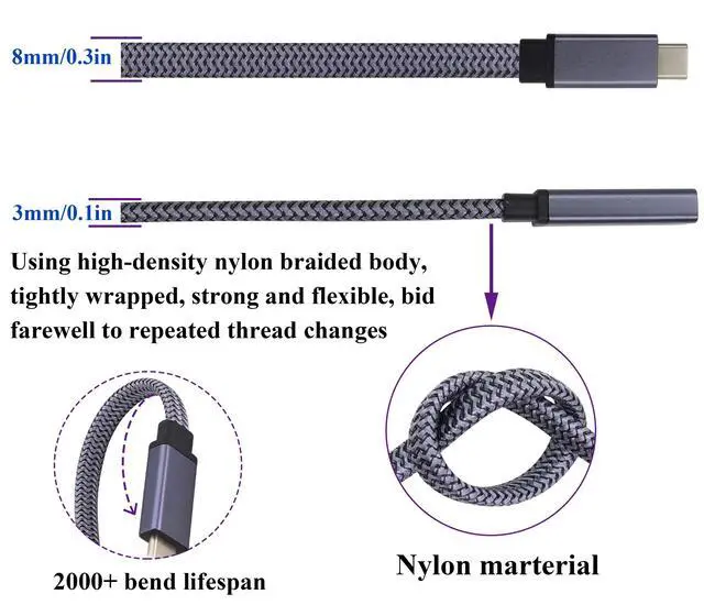 Alt view image 3 of 7 - Braided USB 3.1 Type c to Type C Connector Cable 60W&3A Short Type C 3.1 USB Male to Female Extension Cable Supports Charging,Data,Audio,Video Cable for Laptop&Tablet&Mobile Phone.(0.3M-M/F)