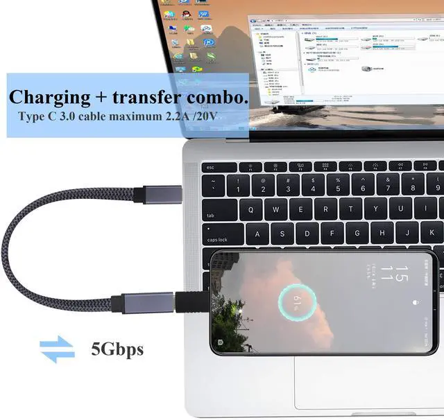 Alt view image 6 of 7 - Braided USB 3.1 Type c to Type C Connector Cable 60W&3A Short Type C 3.1 USB Male to Female Extension Cable Supports Charging,Data,Audio,Video Cable for Laptop&Tablet&Mobile Phone.(0.3M-M/F)